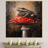 Toad Wall Art Featuring Dramatic Toad on Red Mushroom with Dark Forest Background Rustic and Whimsical Painting for Nature Decor Cottagecore and Fantasy Fans on Ready to Hang 1.5" Thick Canvas Wrap, Floating Framed Canvas, Flat Rolled Canvas
